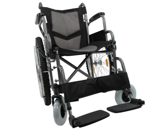 Silla de ruedas de acero para uso rudo, soporta 110kg, silla de fácil trasportación y manejo - Marca Handy